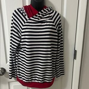 White Birch Black and White Striped Sweater with Red Highlights